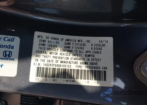 2016 Honda Accord Ex-L из США, поврежденный, VIN 1HGCR2F88GA195153